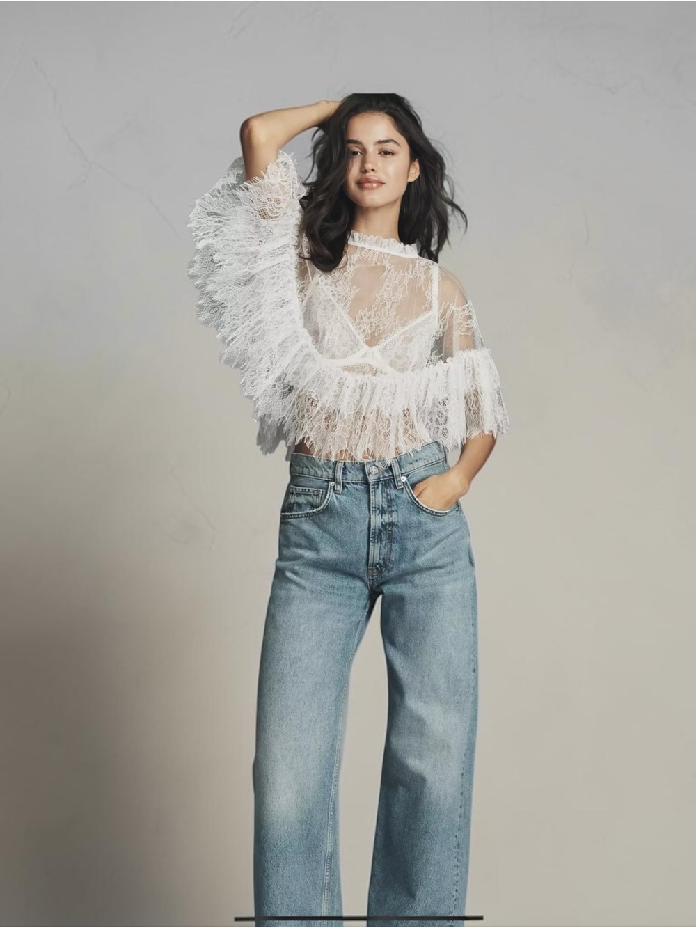 Anthropologie Sheer White Lace Ruffle Top O/S